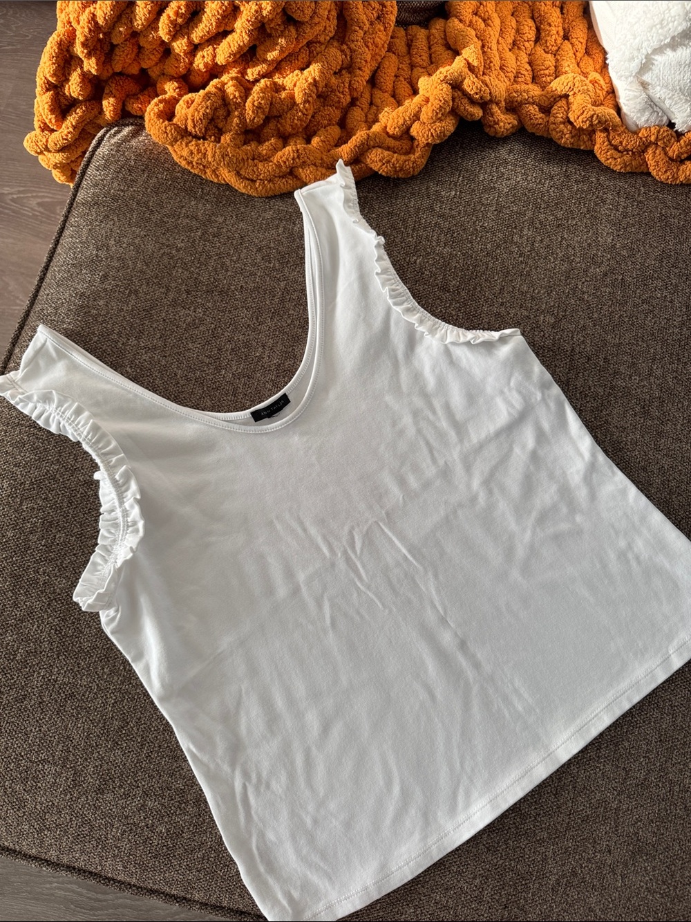 Ann Taylor White Ruffle-Trim Scoop Tank